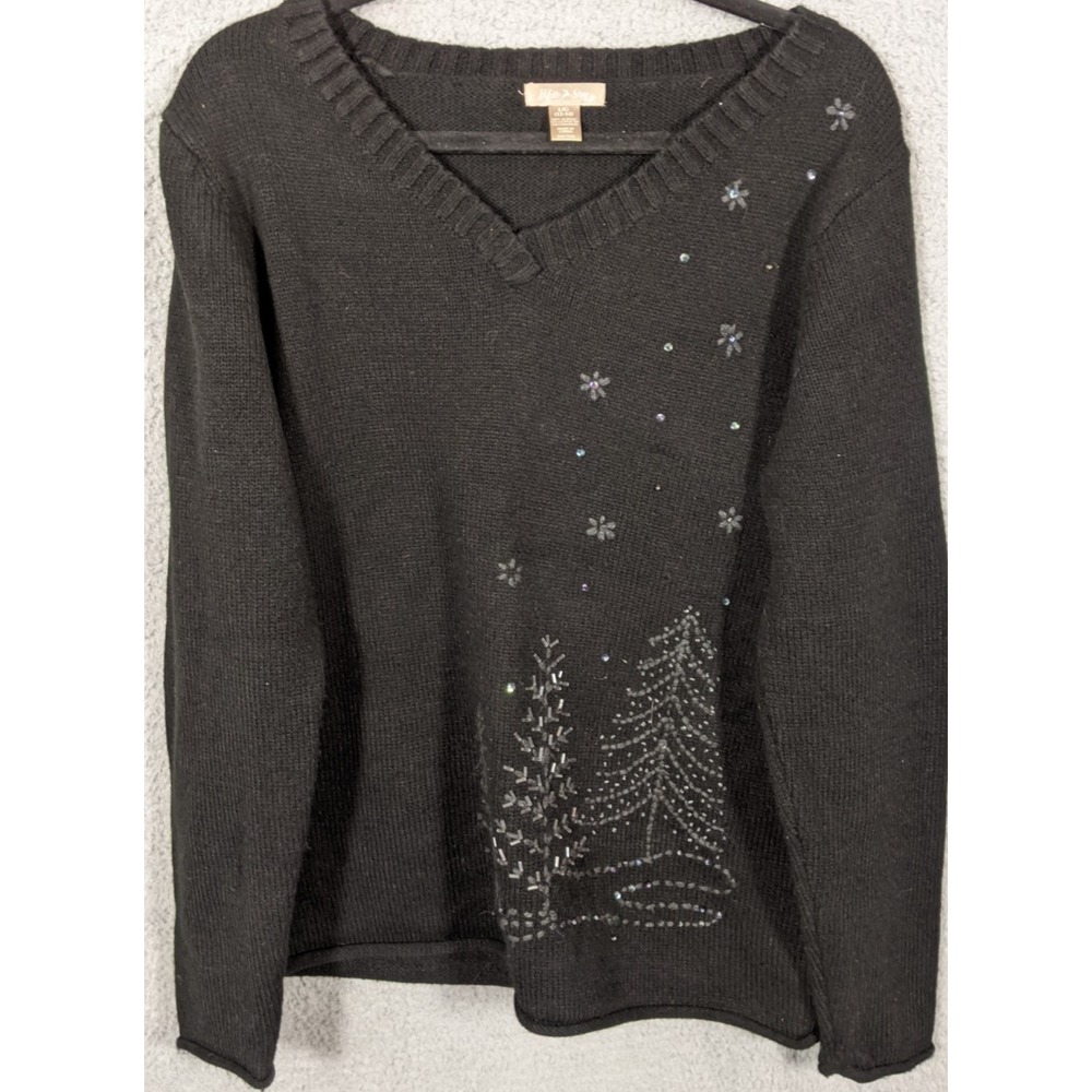 White Stag Holiday Sweater Womens L(12-14) Black Beaded Christmas Tree V Neck